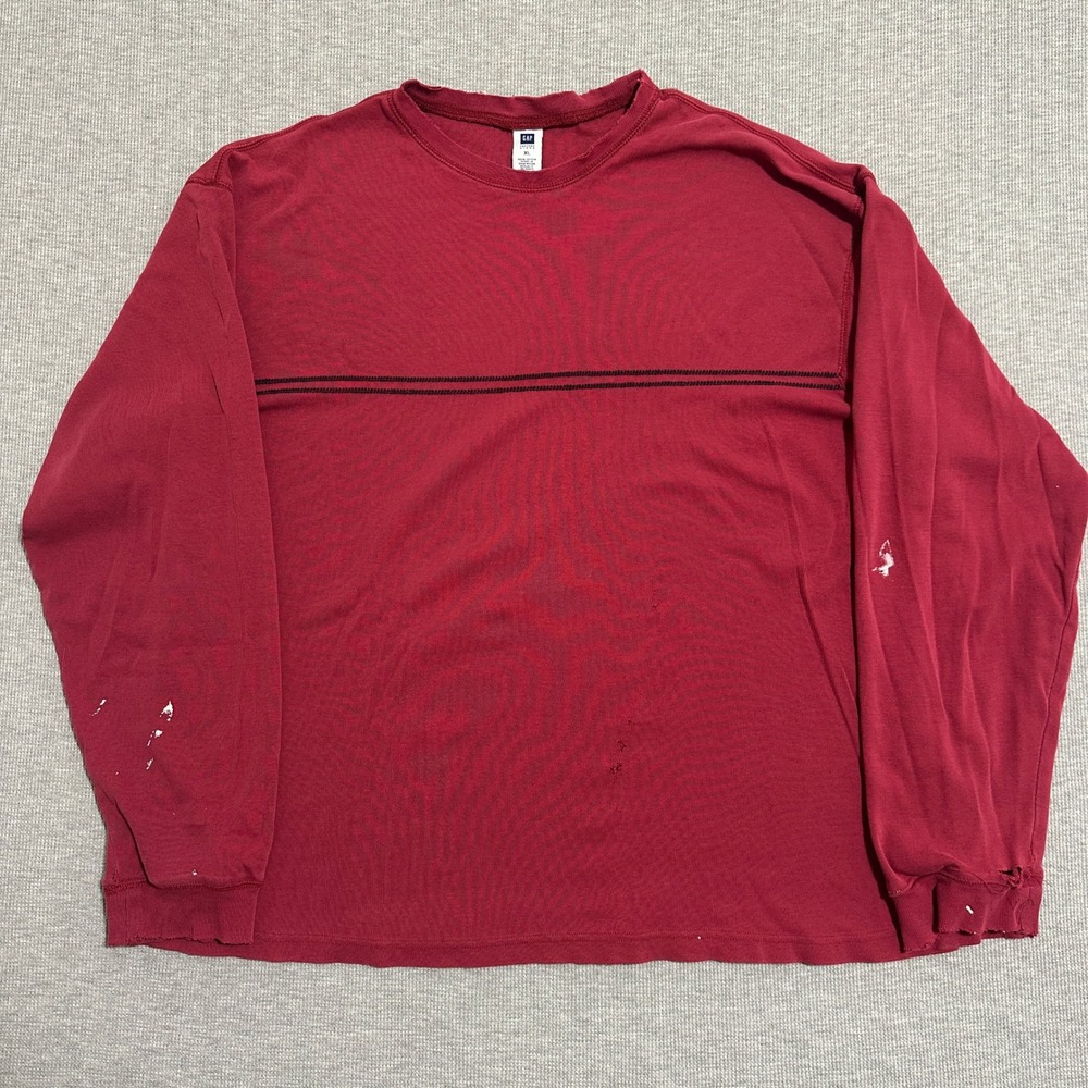 Y2K Gap Factory Chest Stripe Waffle Long Sleeve Tee Thrashed Paint Maroon XL